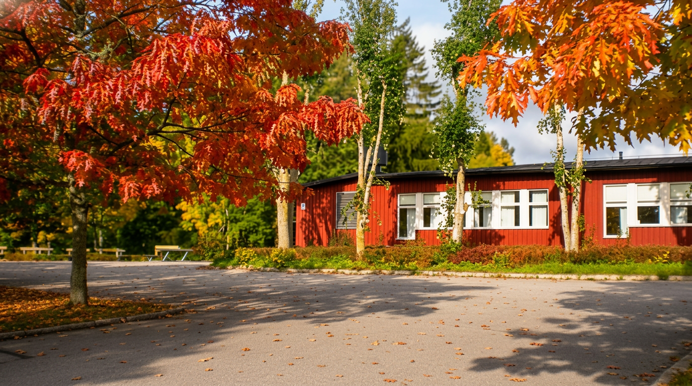 Södervikskolans röda träbyggnad omgiven av grönska
